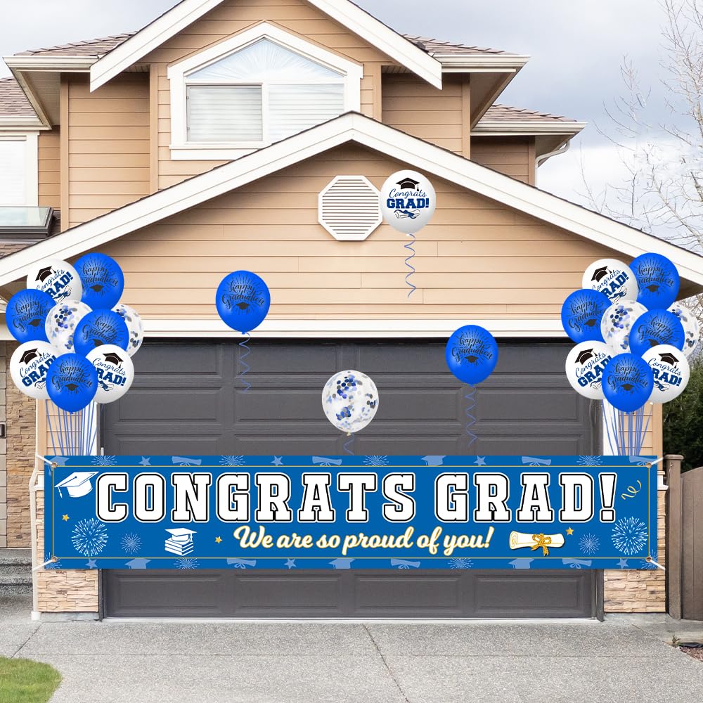 AKEROCK Graduation Decorations Class of 2024, Graduation Banner for Yard, Congrats Grad Banner for Congratulations Decorations, Includes 32 Balloons and 2 Rolls of Ribbon, Blue