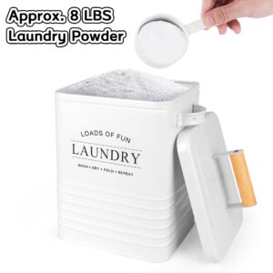 Metal Laundry Powder Detergent Container for Laundry Room Organization and Storage, Large Airtight Laundry Soap Dispenser with Scoop and Handles, Modern Farmhouse Laundry Pods Container, White