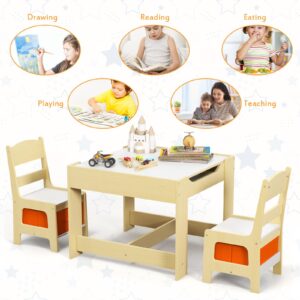 Olakids Kids Table and Chair Set, 3 in 1 Wood Children Desk Set with Removable Blackboard, Storage Drawer, Toddlers Activity Table Furniture for Art Crafts Drawing Reading Playroom (Natural)