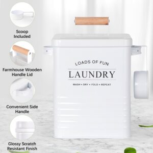 Metal Laundry Powder Detergent Container for Laundry Room Organization and Storage, Large Airtight Laundry Soap Dispenser with Scoop and Handles, Modern Farmhouse Laundry Pods Container, White