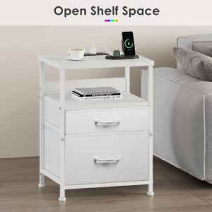 YeTom White Nightstand with Charging Station, LED Night Stand with 2 Fabric Drawers, Side Table with Open Shelf, End Table with Outlets and USB Ports, 2 Drawer Dresser for Bedroom