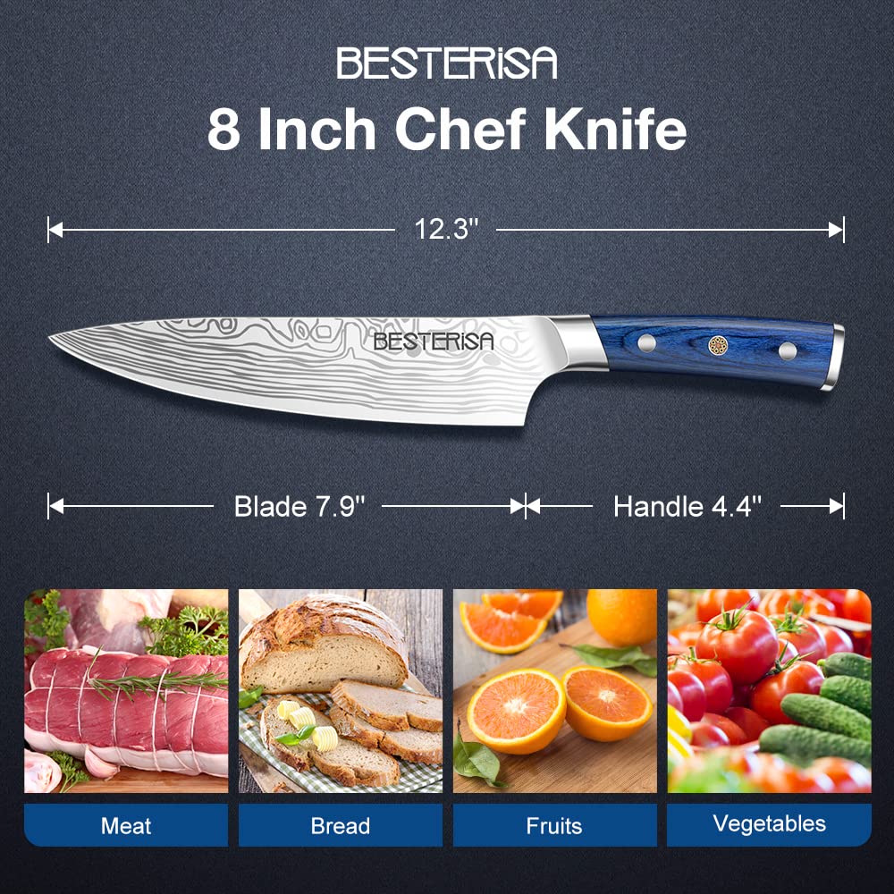 BESTERiSA Chef Knife,8 Inch Professional Chef Knife German Stainless Steel,Ultra Sharp Vegetable Meat Cleaver Knife with Knife Guard