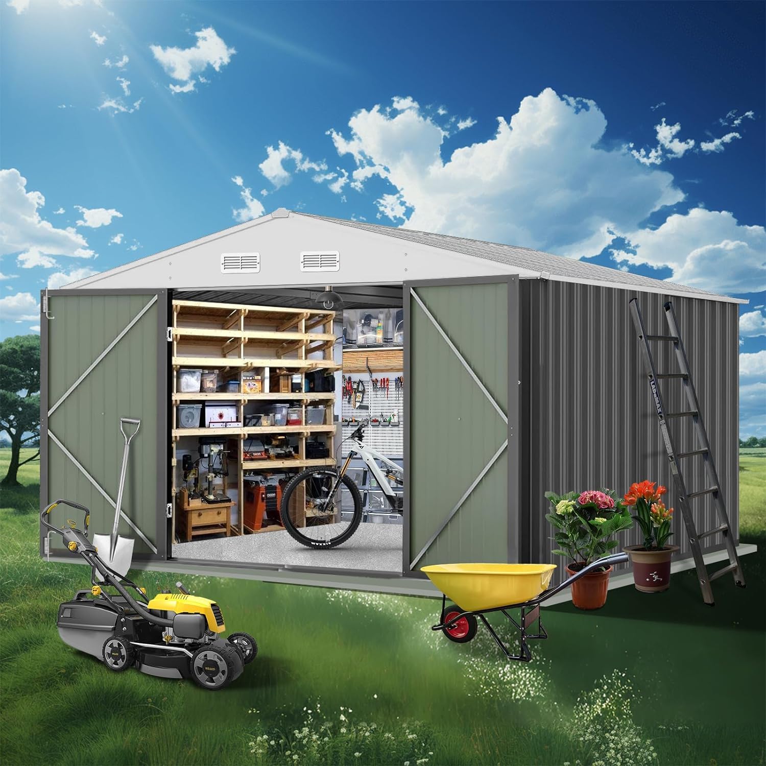 10x8 FT Outdoor Metal Storage Shed, Steel Utility Shed Storage, Metal Shed Outdoor Storage with Lockable Door Design with Sloped Roof for Patio, Garden, Backyard, Outdoor Use, Gray