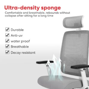 Schwake Ergonomic Office Chair - High Back Desk Chair with Adjustable Lumbar Support, Headrest & 3D Armrest - 135°Rocking Mesh Computer Chair (White & Grey)