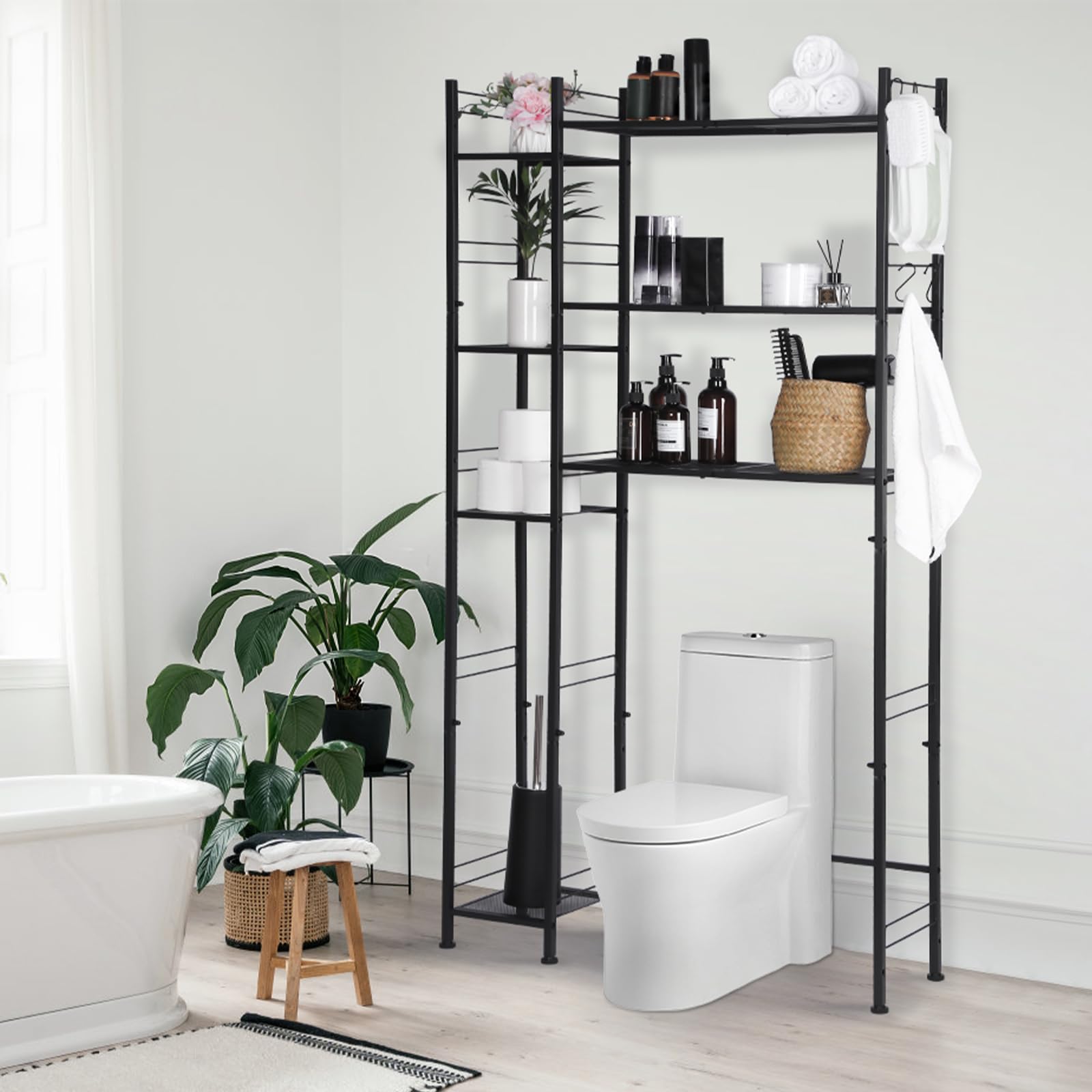 HYCFYJR Over The Toilet Storage with 7 Shelf, Metal Bathroom Shelves Over Toilet, Bathroom Organizer Storage with Side Storage Open Rack, Over Toilet Storage Rack for Bathroom Storage, Black