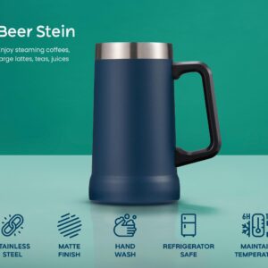 KooK Beer Stein, Stainless Steel Coffee Mug, Tumbler with Thermal Vacuum Insulation, Big Grip, Adventure, Double Walled Drinking Cup, Large Handle, Shatterproof, Navy Blue, 24 oz