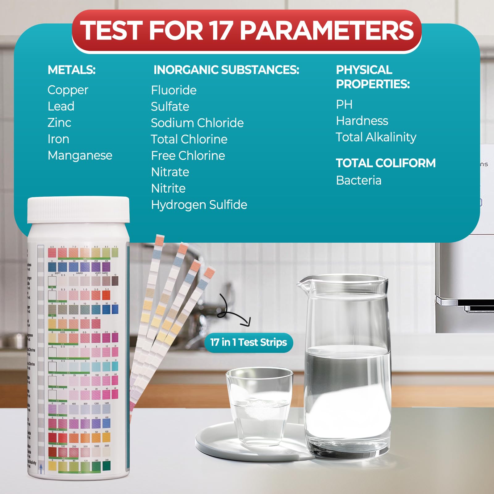 17 in 1 Water Testing Kits for Drinking Water, 125 Strips Water Hardness Test Kit, Tap and Well Water Test Kit for Lead, Iron, Fluoride, Copper, PH Test Strips and More