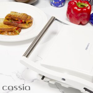 Cassia Panini Maker - 750 Watt 2-Slice Press Grill with Indicator Lights | Opens 180 Degrees | Double Sided Heating | Non-stick Cooking | Cool Touch Handle | Easy to Clean, Cream