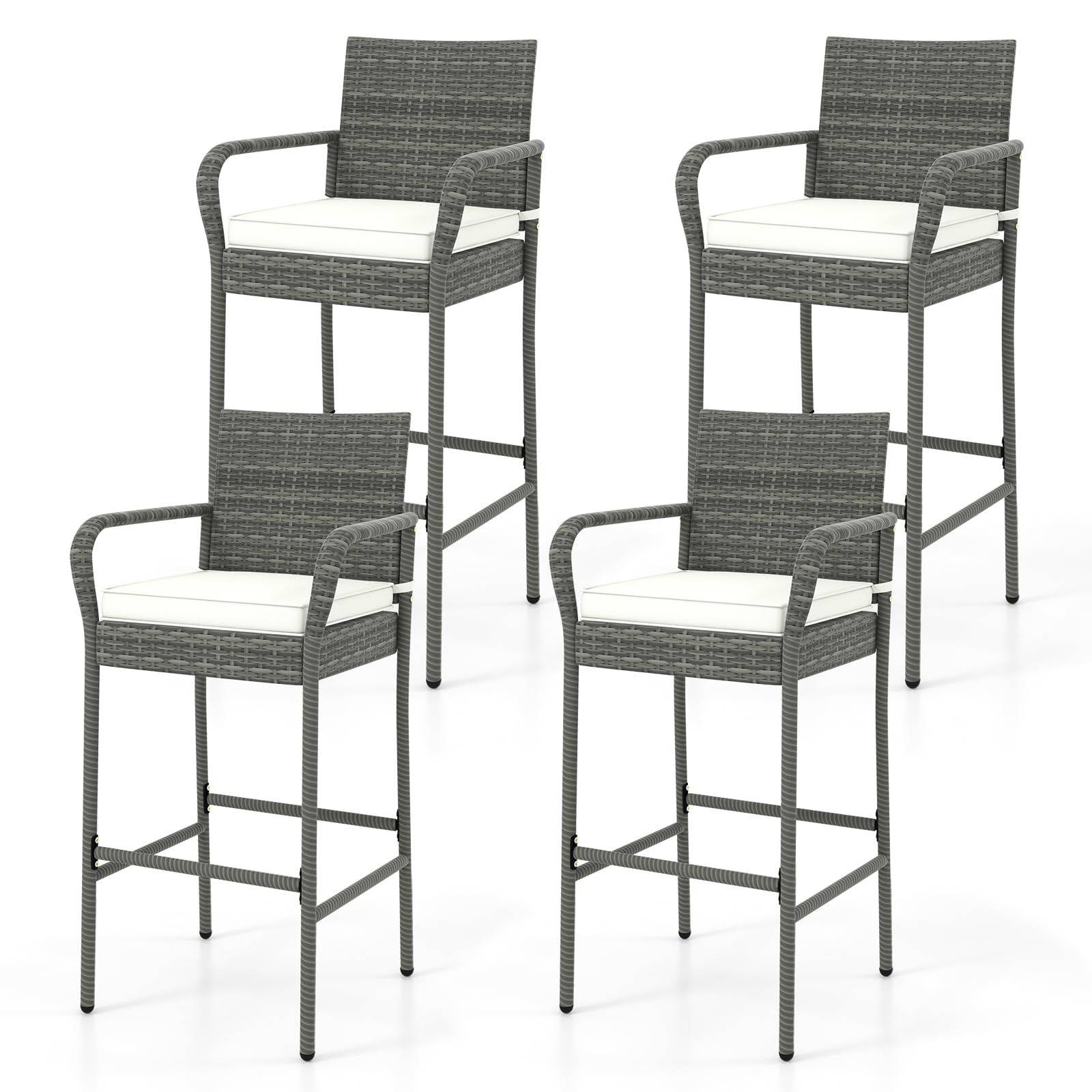 HAPPYGRILL Rattan Bar Chairs Set of 4, Outdoor PE Rattan Bar Stools with Armrests & Seat Cushions, Patio PE Wicker Bar Chairs with 30 Inch Seat Height & 400 LBS Load Capacity for Porch Backyard