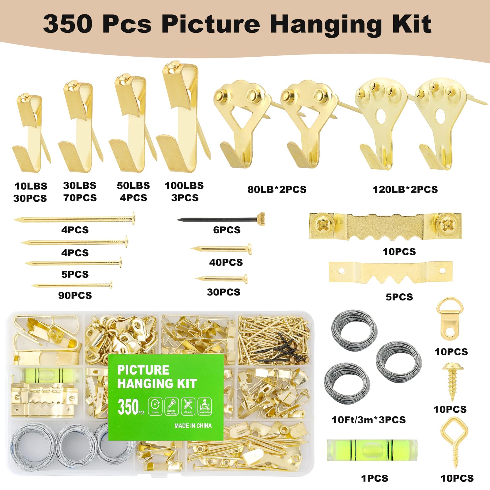 350PCS Picture Hanging Kit, Heavy Duty Photo Frame Hangers with Sawtooth Hardware, D Rings, Nails, Level, Screws, Steel Wire for Picture, Painting, Mirror, Wall Art Mounting