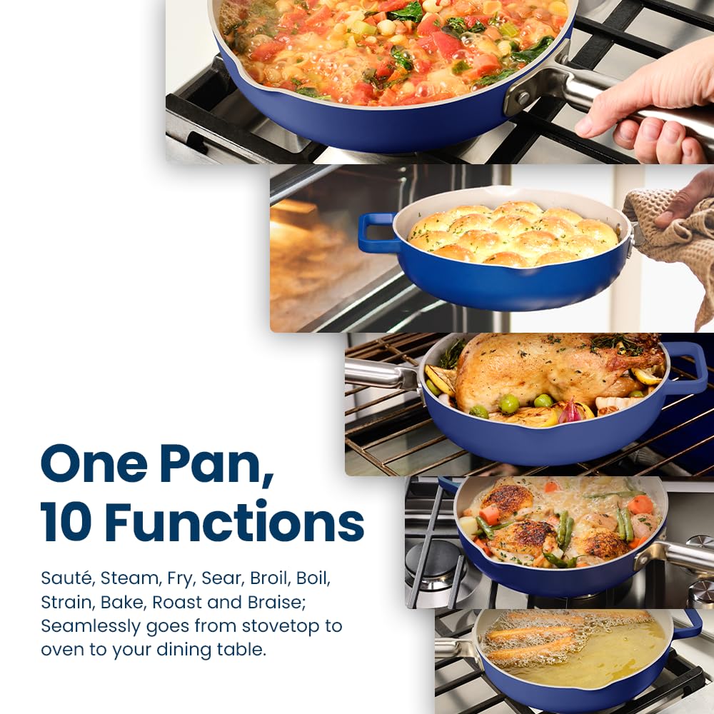 Nutricook OnePan - 10.5" Ceramic Saute Pan, Nonstick Frying Pan, Sauce Pan, Skillet, Oven Safe Induction Cookware, PTFE & PFOA Free, Blue