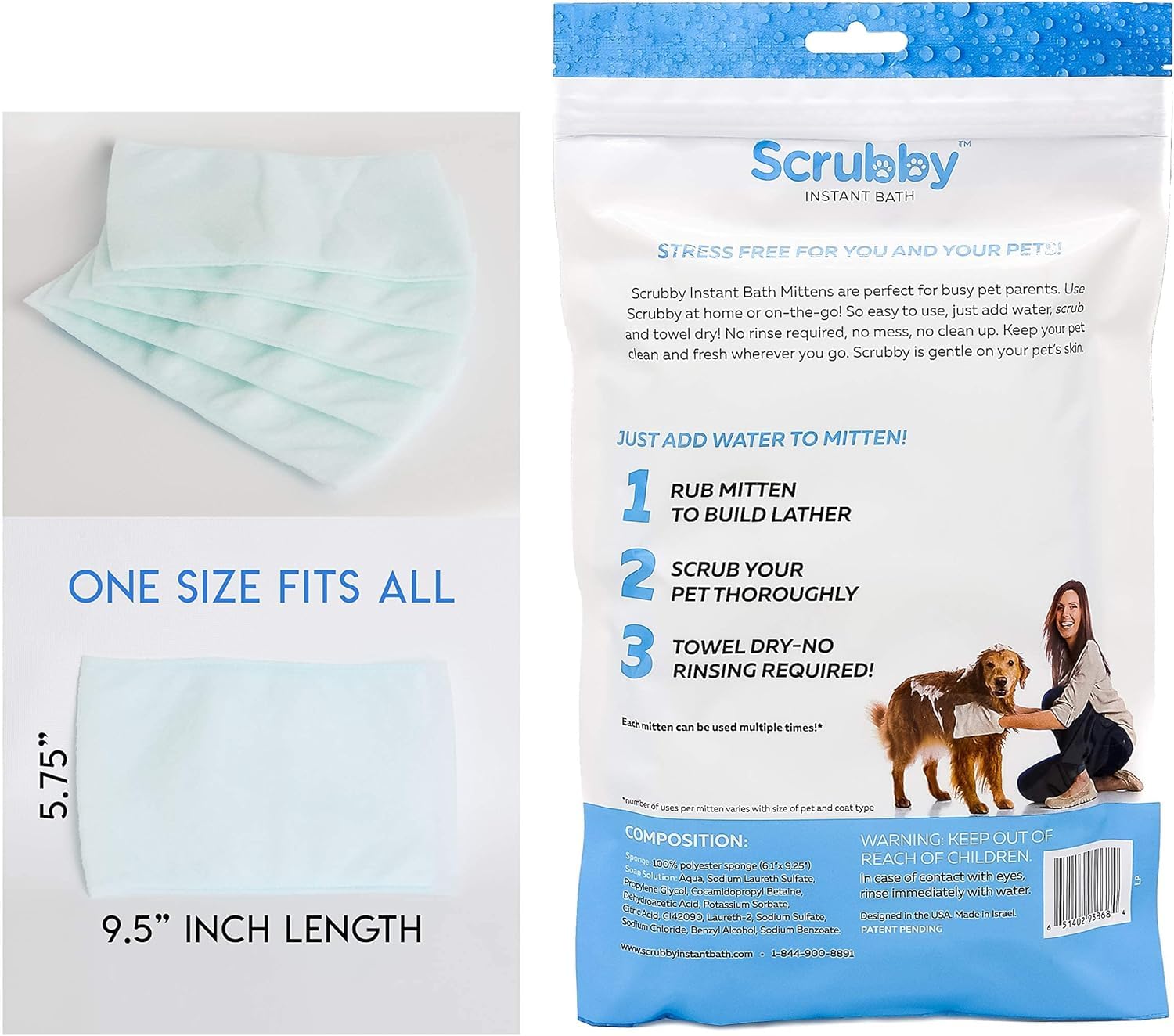 Scrubby Pet No Rinse Pet Wipes, Rinse Free Shampoo Mittens for Dogs and Cats, Bath Wipes for Bathing and Washing Pets, Hypoallergenic No Rinse Wash Mitt for Grooming, Lather Wipe Dry - 5 Pack