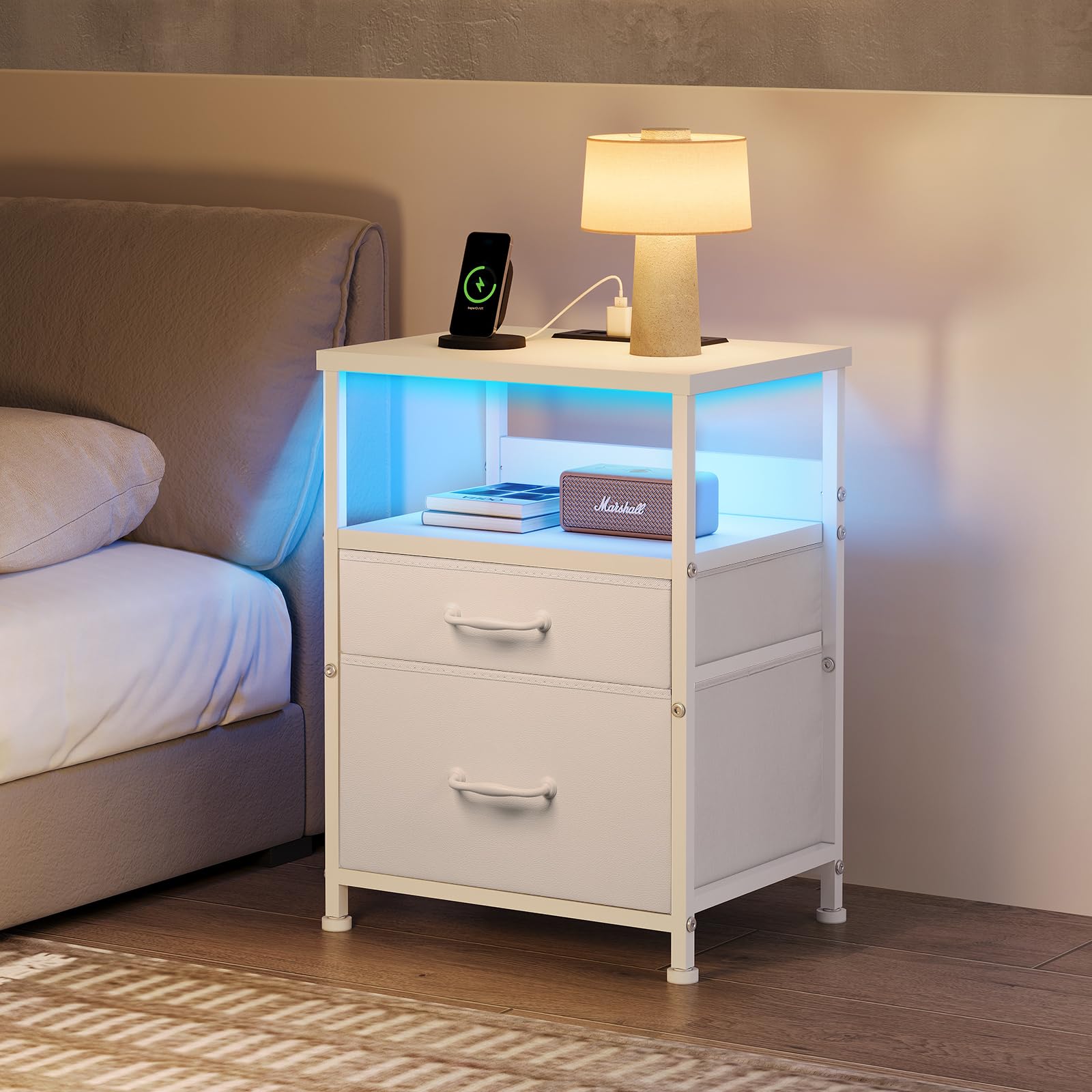 YeTom White Nightstand with Charging Station, LED Night Stand with 2 Fabric Drawers, Side Table with Open Shelf, End Table with Outlets and USB Ports, 2 Drawer Dresser for Bedroom