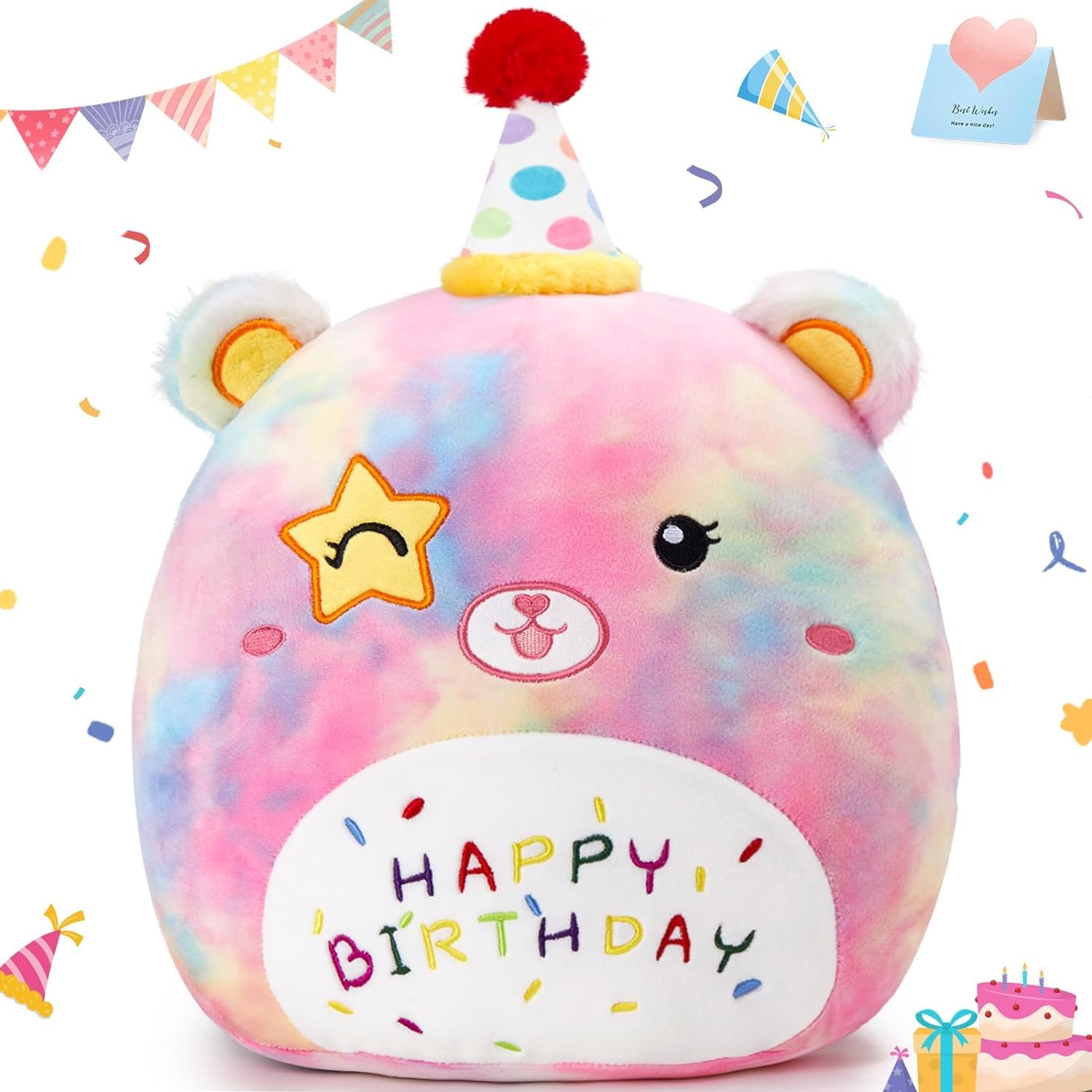 Athoinsu 16" Happy Birthday Bear Plush Pillow Cute Rainbow Stuffed Animal Soft Kawaii Birthday Plushie Star Wink Funny Pillows Home Room Decoration Gifts for Toddlers Kids Girls