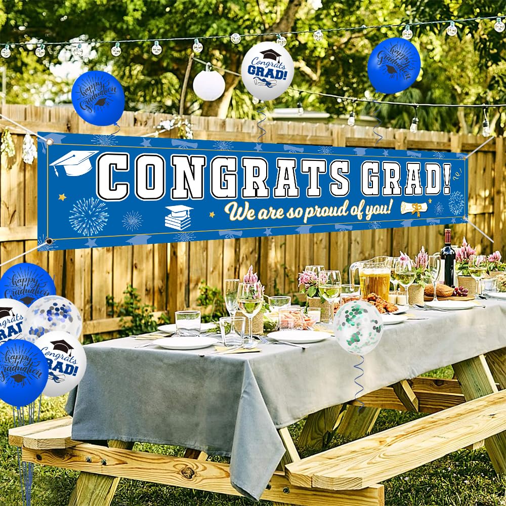 AKEROCK Graduation Decorations Class of 2024, Graduation Banner for Yard, Congrats Grad Banner for Congratulations Decorations, Includes 32 Balloons and 2 Rolls of Ribbon, Blue