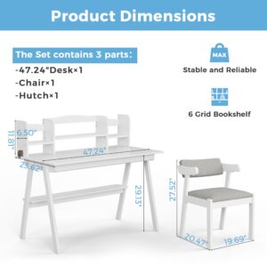 DELAVIN 47.24" Solid Wood Kids Desk and Chair Set, White Writing Desk with Drawers and Hutch for Kids, Kids Computer Table and Chair Set for Study Room, Bedroom, White