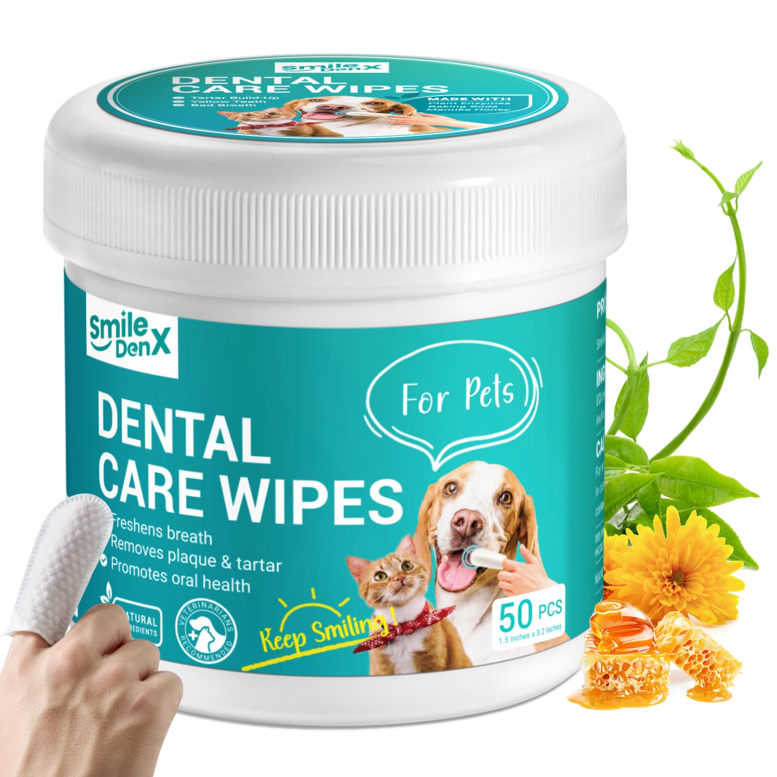 SmileDenX Dog Dental Care Wipes - Cat & Dog Teeth Cleaning Finger Wipes - Dog Tooth Brushing Kit Dental Wipes - Reduces Plaque & Freshens Breath (50 Pcs)