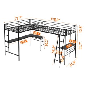 INCLAKE Twin Size L-Shaped Loft Bed with 2 Built-in Desks, Metal Loft Corner Bed with 2 Ladders and Safety Guard Rail, Heavy-Duty Bunk Bed for 2 Children Adults, Space Saving & No Noise, Black