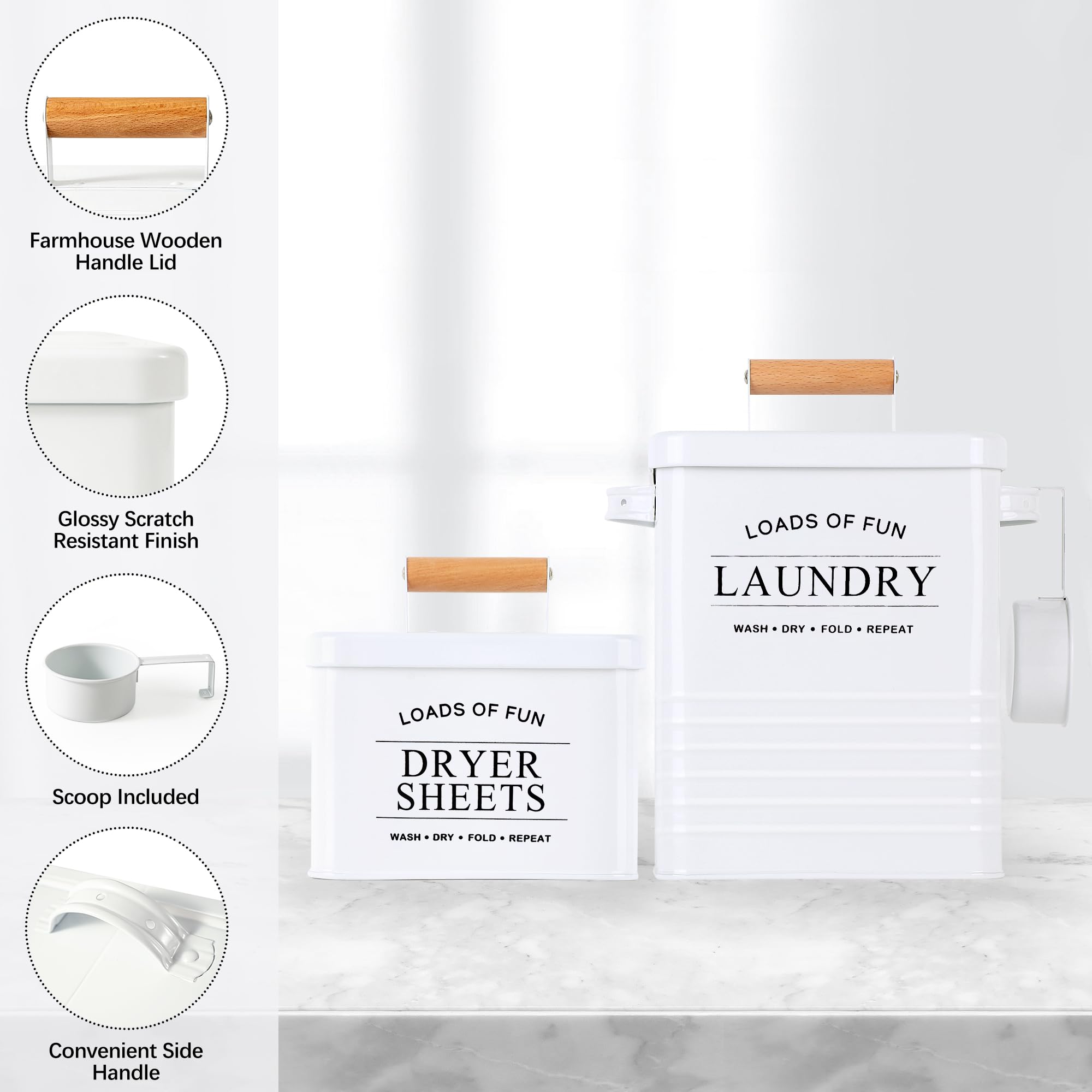 Candco 2 Pcs Farmhouse Laundry Pods Container with Dryer Sheet Holder, Metal Laundry Room Organization and Storage with Scoop, Laundry Detergent Container Laundry Room Decor