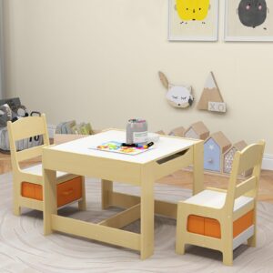 Olakids Kids Table and Chair Set, 3 in 1 Wood Children Desk Set with Removable Blackboard, Storage Drawer, Toddlers Activity Table Furniture for Art Crafts Drawing Reading Playroom (Natural)