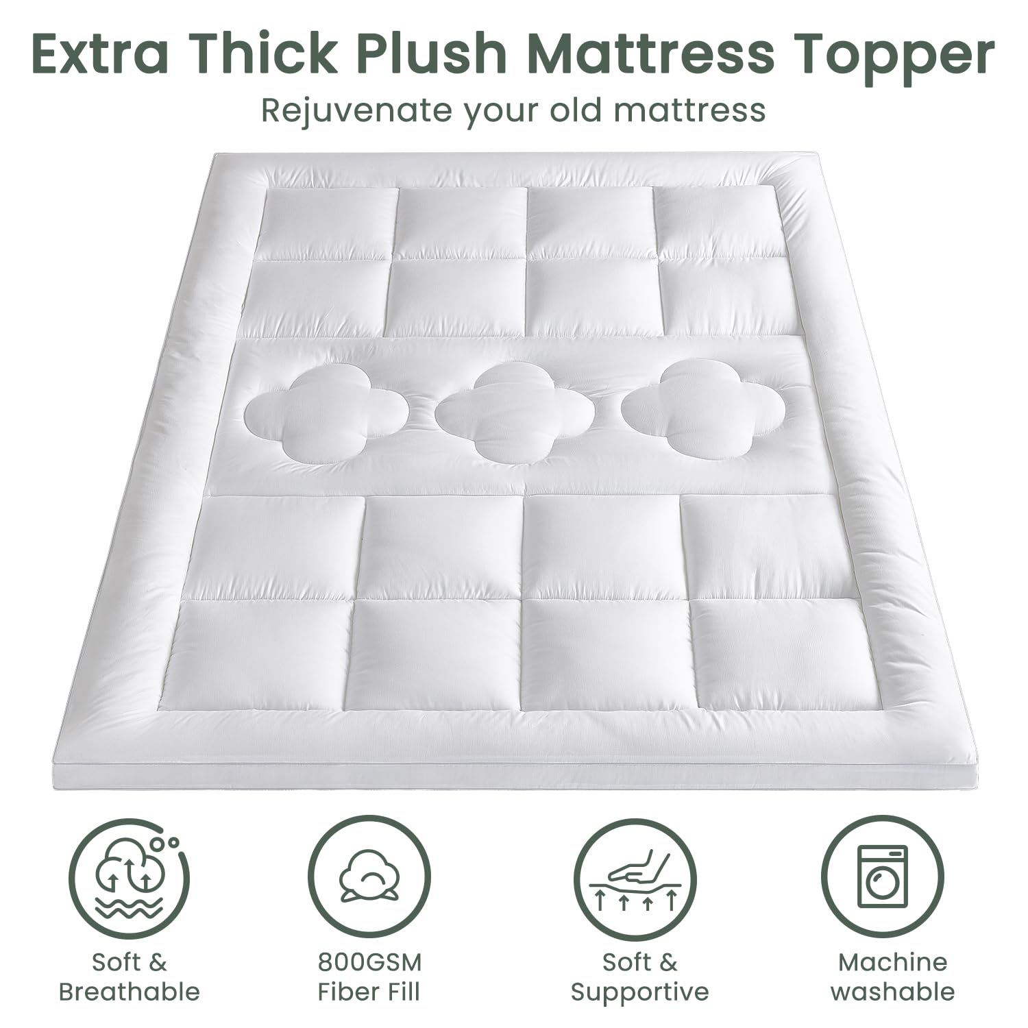 FLEXPEDIC King Mattress Topper,Extra Soft Pillow Top Mattress Topper for Firm Bed,Extra Thick 800 GSM Down Alternative Fill,4 Anchor Elastic Bands,76 * 80 Inches,White