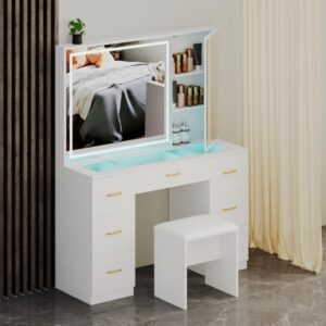 Wildhome Vanity Desk with with Mirror and Lights,Makeup Vanity with Glass Top and 7 Drawers&Cushioned Stool,Dressing Table with Drawers, Bedroom Vanity Desk for Women (White-Glass top)