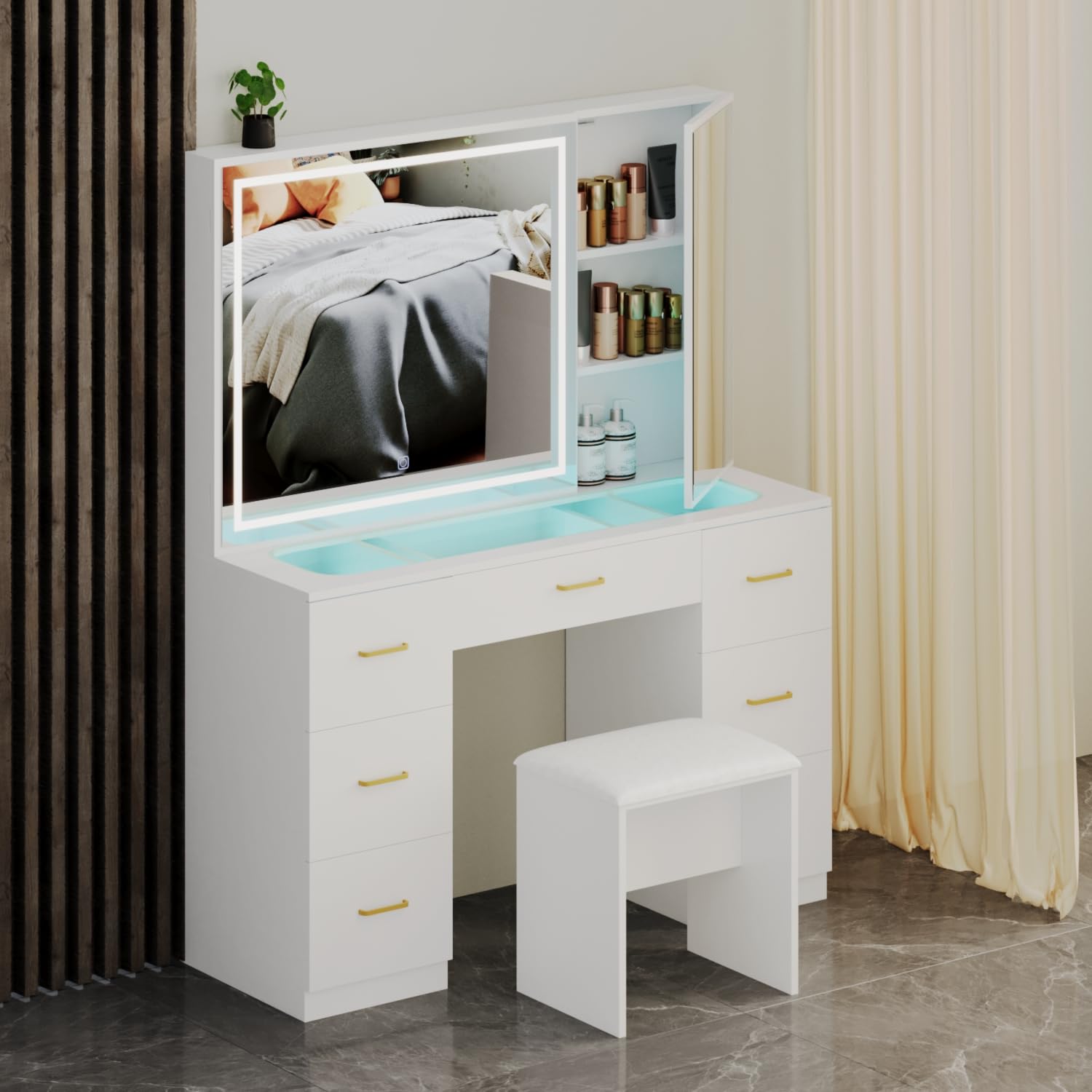 Wildhome Vanity Desk with with Mirror and Lights,Makeup Vanity with Glass Top and 7 Drawers&Cushioned Stool,Dressing Table with Drawers, Bedroom Vanity Desk for Women (White-Glass top)