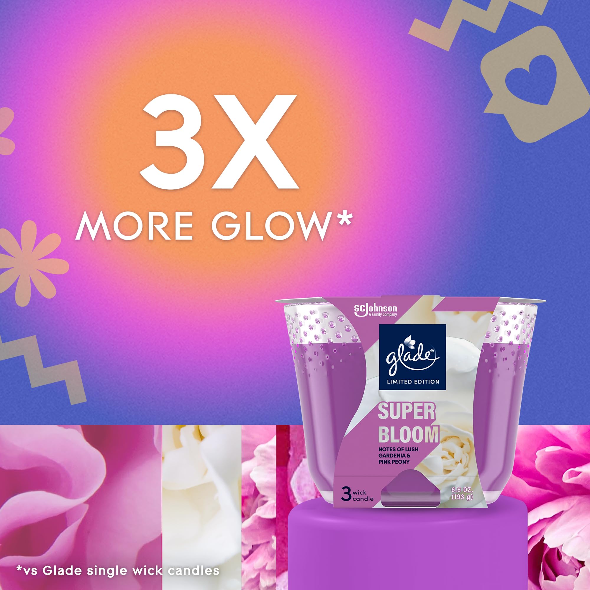 Glade Candle Super Bloom, Fragrance Candle Infused with Essential Oils, Air Freshener Candle, 3-Wick Candle, 6.8 Oz, 3 Count