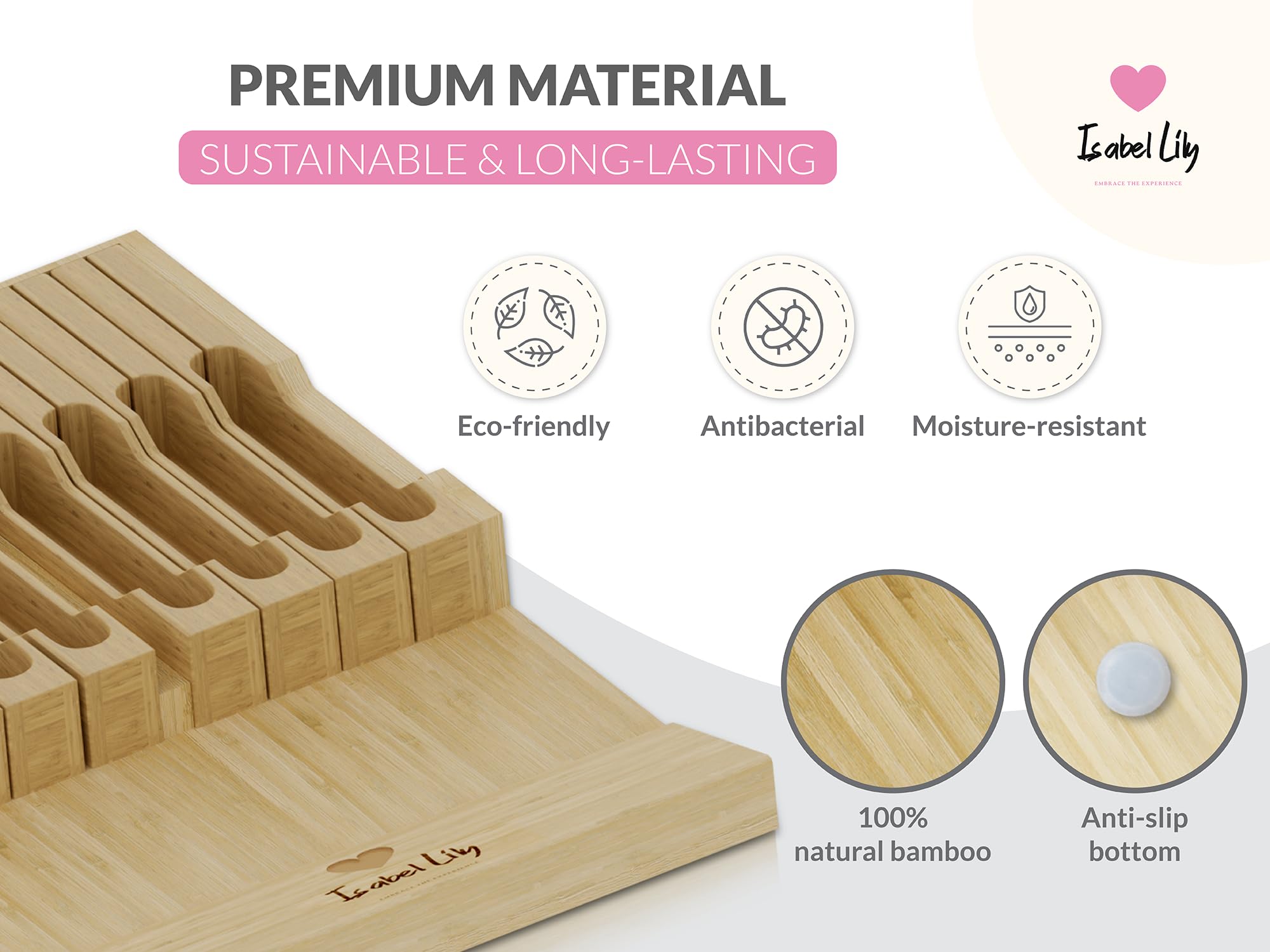 Isabel Lily - Bamboo Kitchen Knife Holder for Drawer | Organize 8 Short and 8 Long Knives and 1 Sharpener | Anti-Slip Surface | Includes Microfiber Cloth