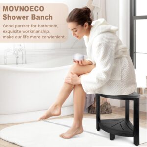 MOVNOECO Corner Shower Stool, High impact polystyrene Lumber Shower Foot Rest for Shaving Legs, Waterproof Corner Shower Bench Suitable for Small Shower Spaces, Black Shower Bench with Storage Shelf