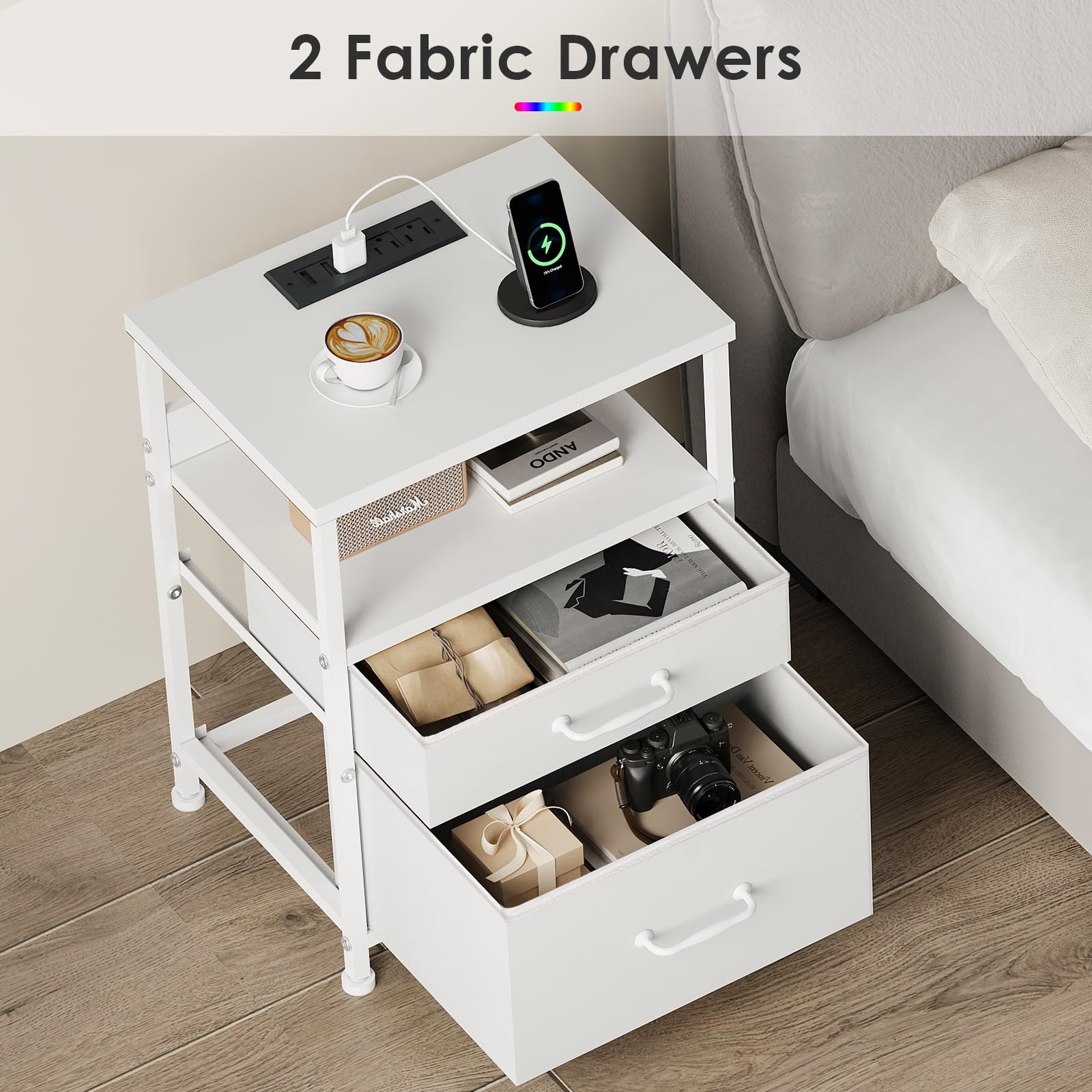 YeTom White Nightstand with Charging Station, LED Night Stand with 2 Fabric Drawers, Side Table with Open Shelf, End Table with Outlets and USB Ports, 2 Drawer Dresser for Bedroom