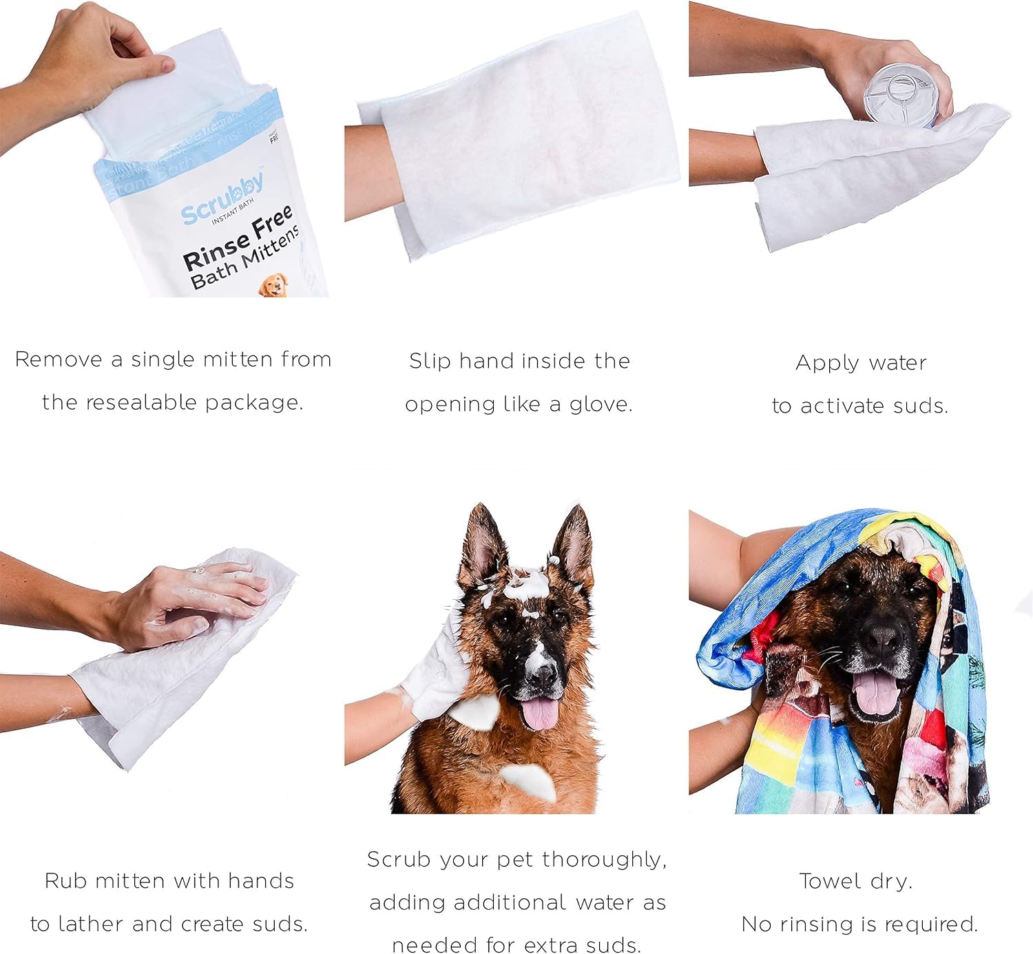 Scrubby Pet No Rinse Pet Wipes, Rinse Free Shampoo Mittens for Dogs and Cats, Bath Wipes for Bathing and Washing Pets, Hypoallergenic No Rinse Wash Mitt for Grooming, Lather Wipe Dry - 5 Pack