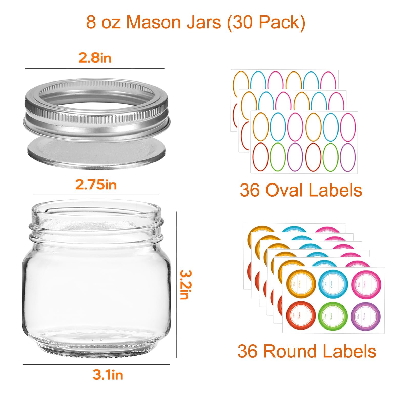 Mcupper 30 Pack Mason Jars 8 oz, Half Pint Canning Jars with Lids and Bands for Canning, Jam, Pickles & DIY