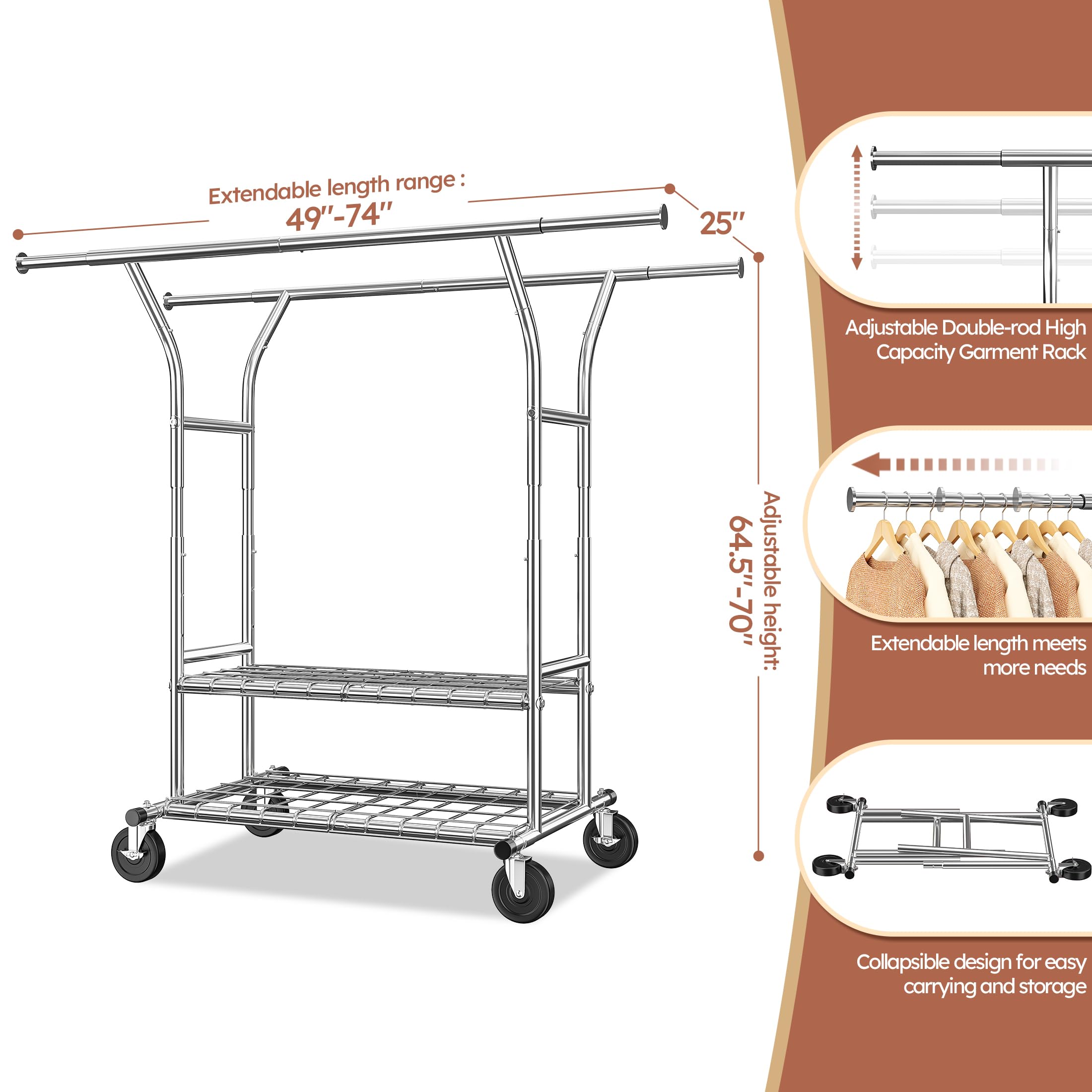 Raybee Clothes Rack Heavy Duty Clothing Rack with Wheels Load 630lbs Clothing Racks for Hanging Clothes Rolling Clothes Rack Adjustable Garment Rack Commercial Portable Clothes Rack 74" Wx 25" Dx70 H