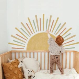 watercolor boho sun wall decals peel and stick, pvc sunrise wall stickers,sunshine wall art decor for kids room playroom nursery bedroom 48.07" x 24.82"