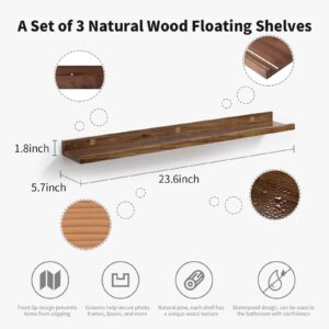 AZSKY 24 Inch Wood Floating Shelves Picture Ledge Shelf Light Walnut for Photos on Wall Floating Book Shelf with Lip Set of 3 Solid Wood Shelves for Living Room Bedroom Bathroom Kitchen