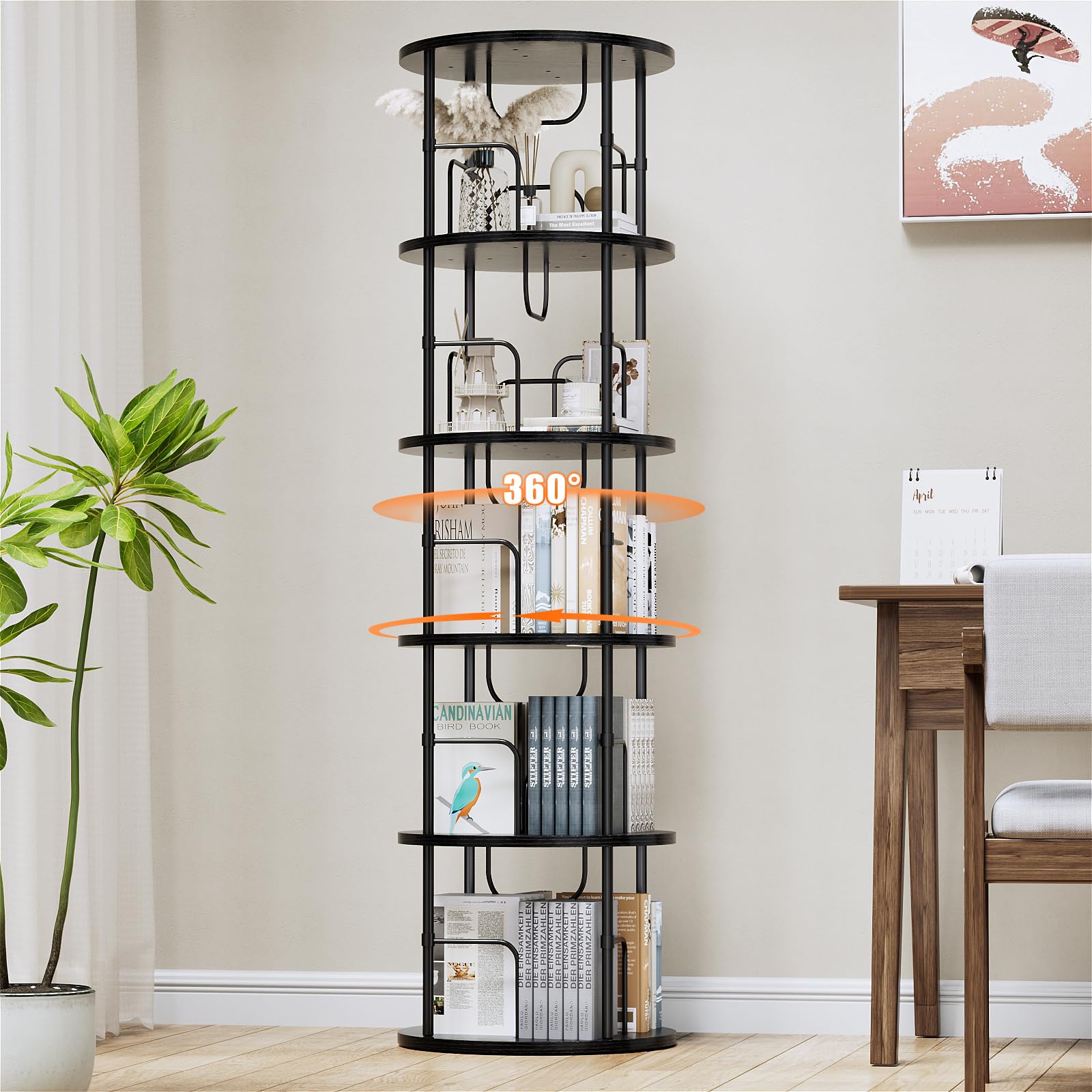 ALLSTAND 5 Tier Rotating Bookshelf, 360 ° Display Stackable Spinning Bookshelf Tower, Corner Bookshelf Tall Floor Standing Swivel Bookcase Narrow Storage Organizer for Bedroom, Living Room, Black