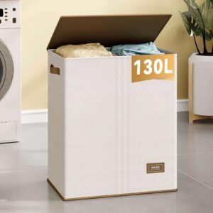 soledi double laundry hamper with lid 34 gal (130l) water-resistant, high-tenacity material collapsible laundry basket with 2 removable liner bags - large laundry hamper 2 section