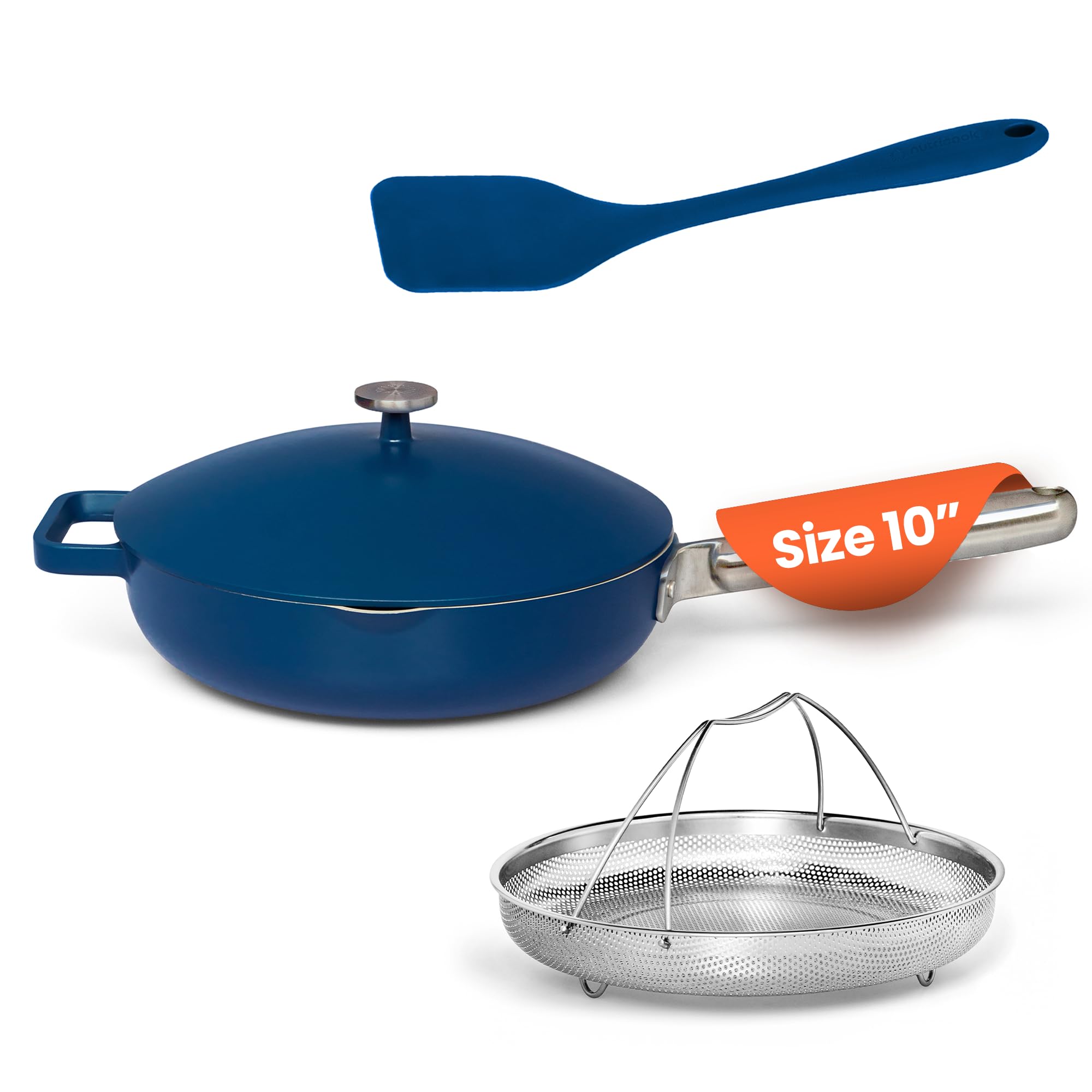 Nutricook OnePan - 10.5" Ceramic Saute Pan, Nonstick Frying Pan, Sauce Pan, Skillet, Oven Safe Induction Cookware, PTFE & PFOA Free, Blue