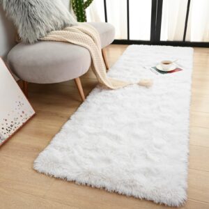 terrug fluffy runner rug for bedroom living room, 2x6 white area rug washable shag carpet, super soft fuzzy plush non-slip cute kids rug for nursery hallway bedside college dorm kids room decor