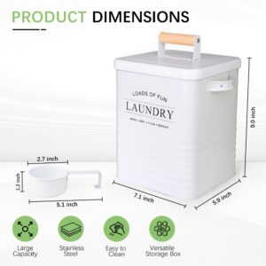 Metal Laundry Powder Detergent Container for Laundry Room Organization and Storage, Large Airtight Laundry Soap Dispenser with Scoop and Handles, Modern Farmhouse Laundry Pods Container, White