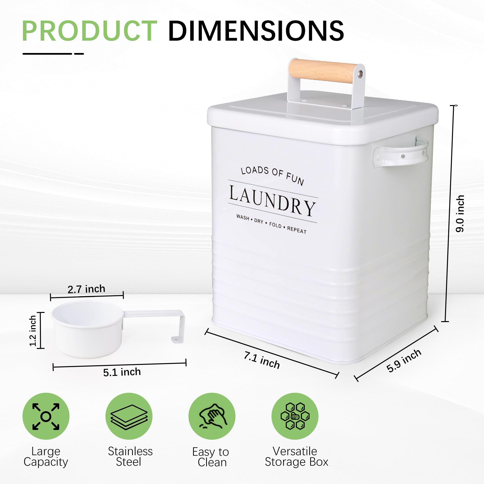 Metal Laundry Powder Detergent Container for Laundry Room Organization and Storage, Large Airtight Laundry Soap Dispenser with Scoop and Handles, Modern Farmhouse Laundry Pods Container, White