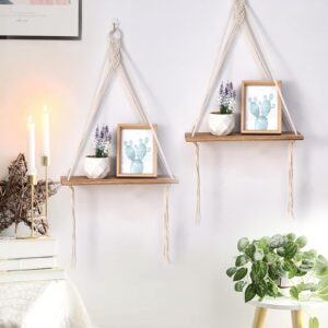 EKSWLS Macrame Wall Hanging Shelf Boho Bedroom Decor for Living Room Home Farmhouse Office 2 Pack Wood Floating Shelves, Rustic Wood Floating Storage Shelf,Display Shelving for Plants Photos