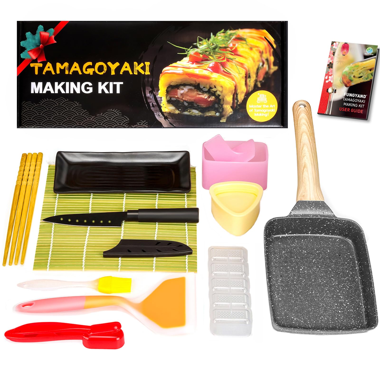 FUNGYAND Tamagoyaki Pan Set, 12-in-1 Japanese Omelette Egg Pan with Spatula, Bamboo Mat, Knife, and More Omelet & Sushi Accessories - Deluxe Complete Tamagoyaki Cookware Set - 5x7 Inches