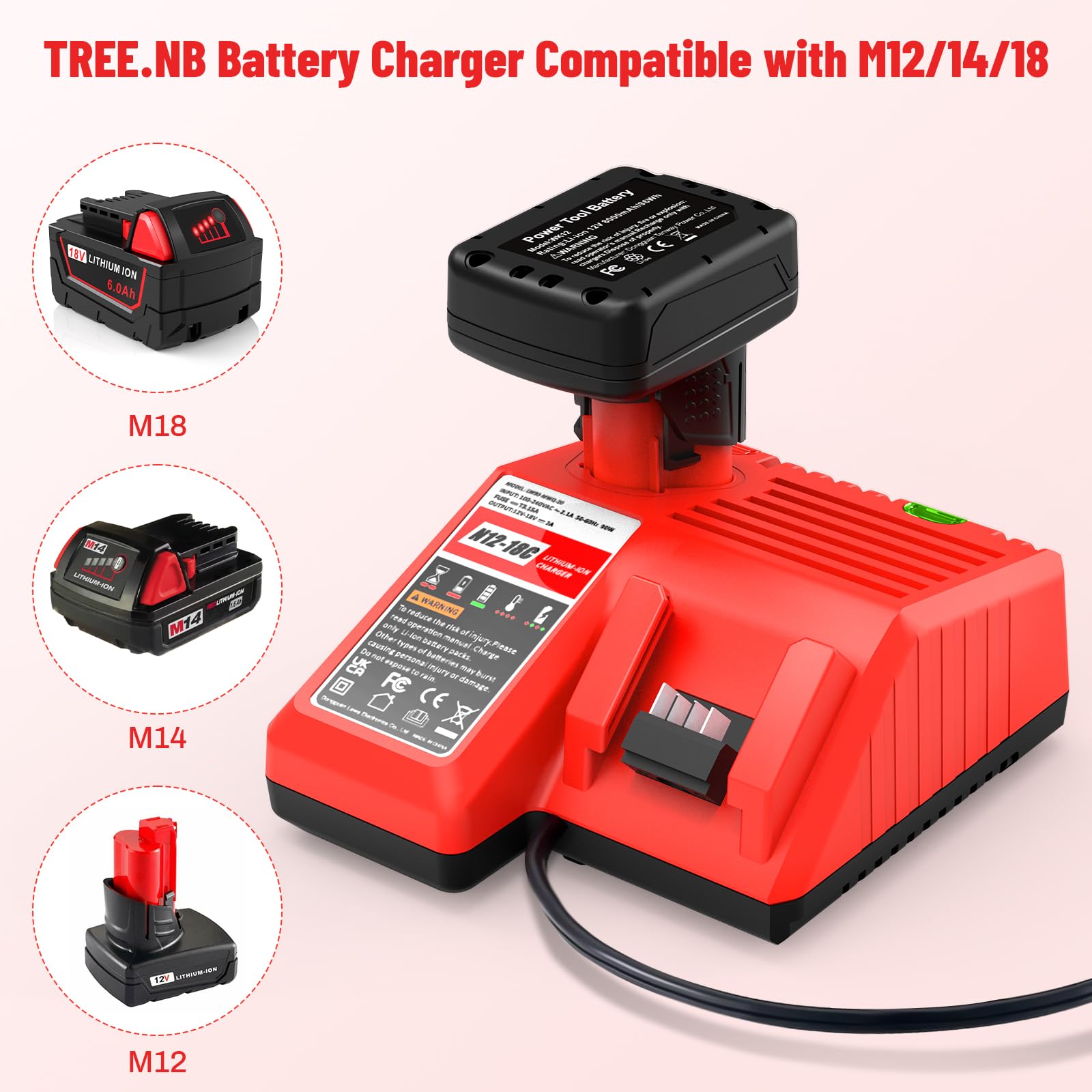 Multil Volatage Rapid Battery Charger - Replacement for Milwaukee M12-M18 Power Tool Lithium Battery 48-11-2412 48-11-2401 48-11-2440 48-11-1862 48-11-1850 48-59-1812 48-11-2420 48-11-1815