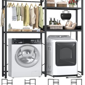 Aheaplus Over Washer and Dryer Shelves with Power Outlet, 4 Tiers Space Saver Laundry Room Storage and Organizer Standing Shelf, Metal Clothes Drying Rack with 1 Hanger Rod, 63" W x 77.2" H, Black