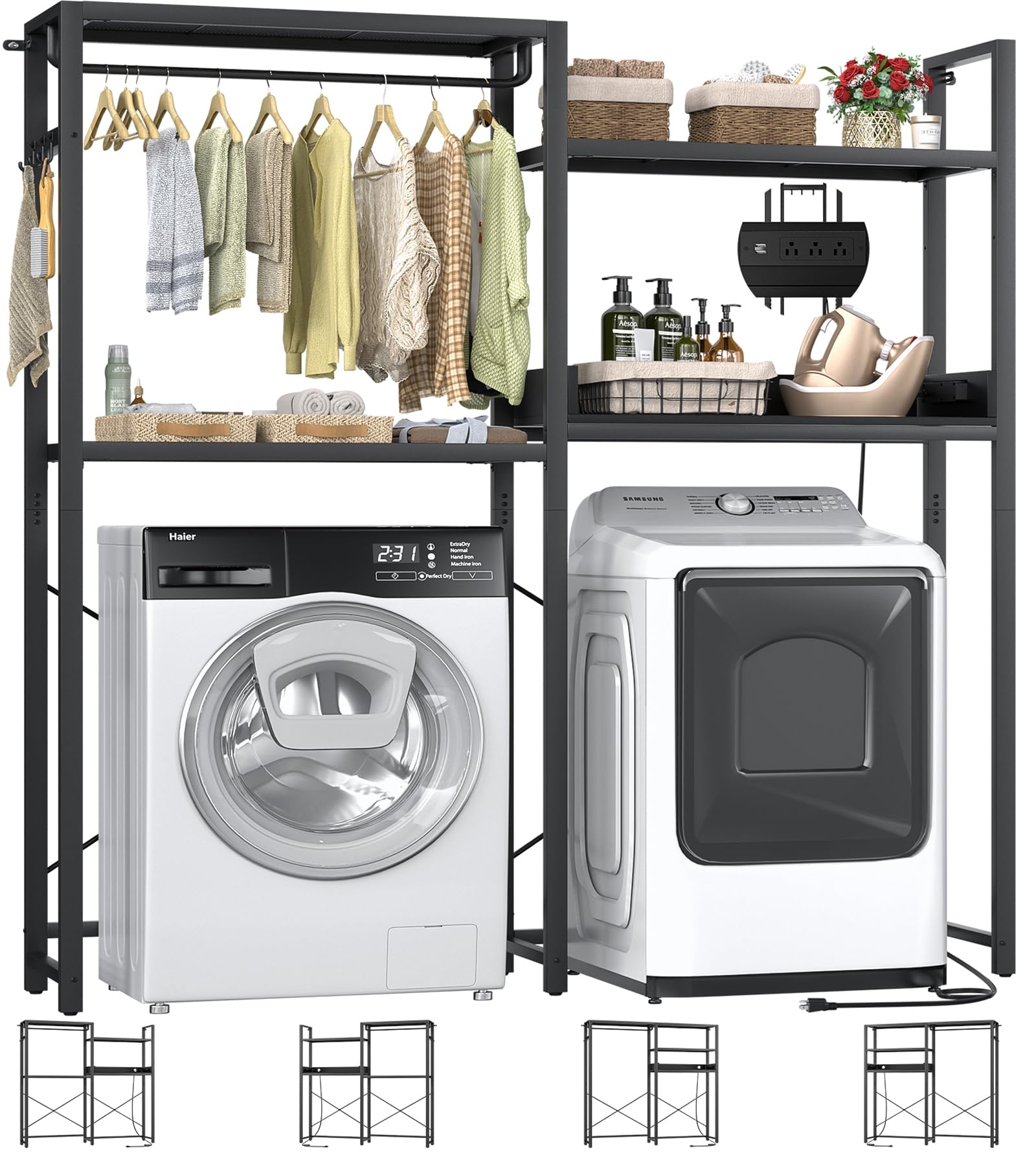 Aheaplus Over Washer and Dryer Shelves with Power Outlet, 4 Tiers Space Saver Laundry Room Storage and Organizer Standing Shelf, Metal Clothes Drying Rack with 1 Hanger Rod, 63" W x 77.2" H, Black