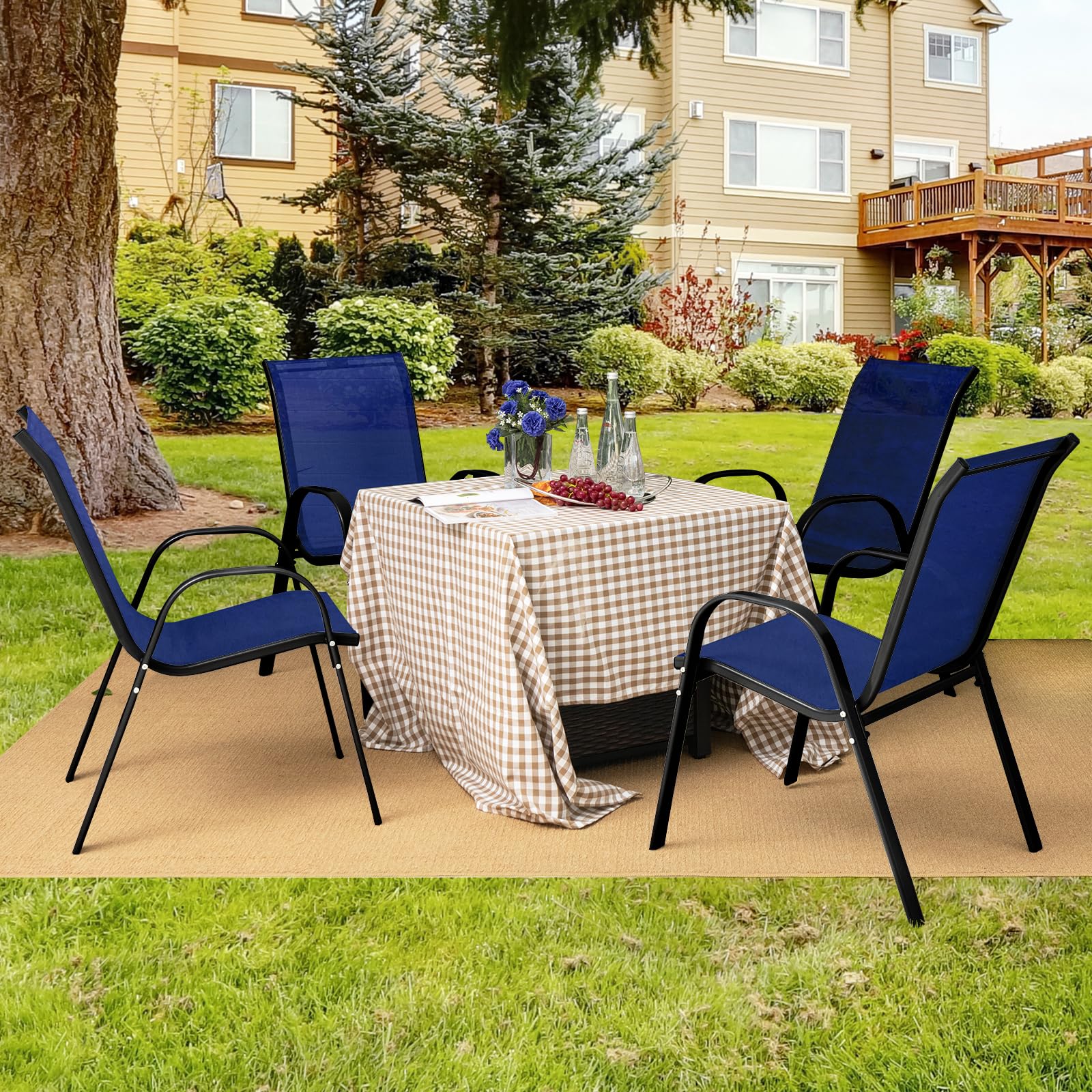 Giantex Set of 4 Patio Chairs, Outdoor Stackable Dining Chairs w/Armrests, 330 LBS Capacity, All Weather Resistant, Heavy Duty Rustproof Steel Frame, Lawn Chairs for Porch Yard Pool Garden (Blue)