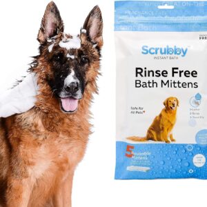 Scrubby Pet No Rinse Pet Wipes, Rinse Free Shampoo Mittens for Dogs and Cats, Bath Wipes for Bathing and Washing Pets, Hypoallergenic No Rinse Wash Mitt for Grooming, Lather Wipe Dry - 5 Pack