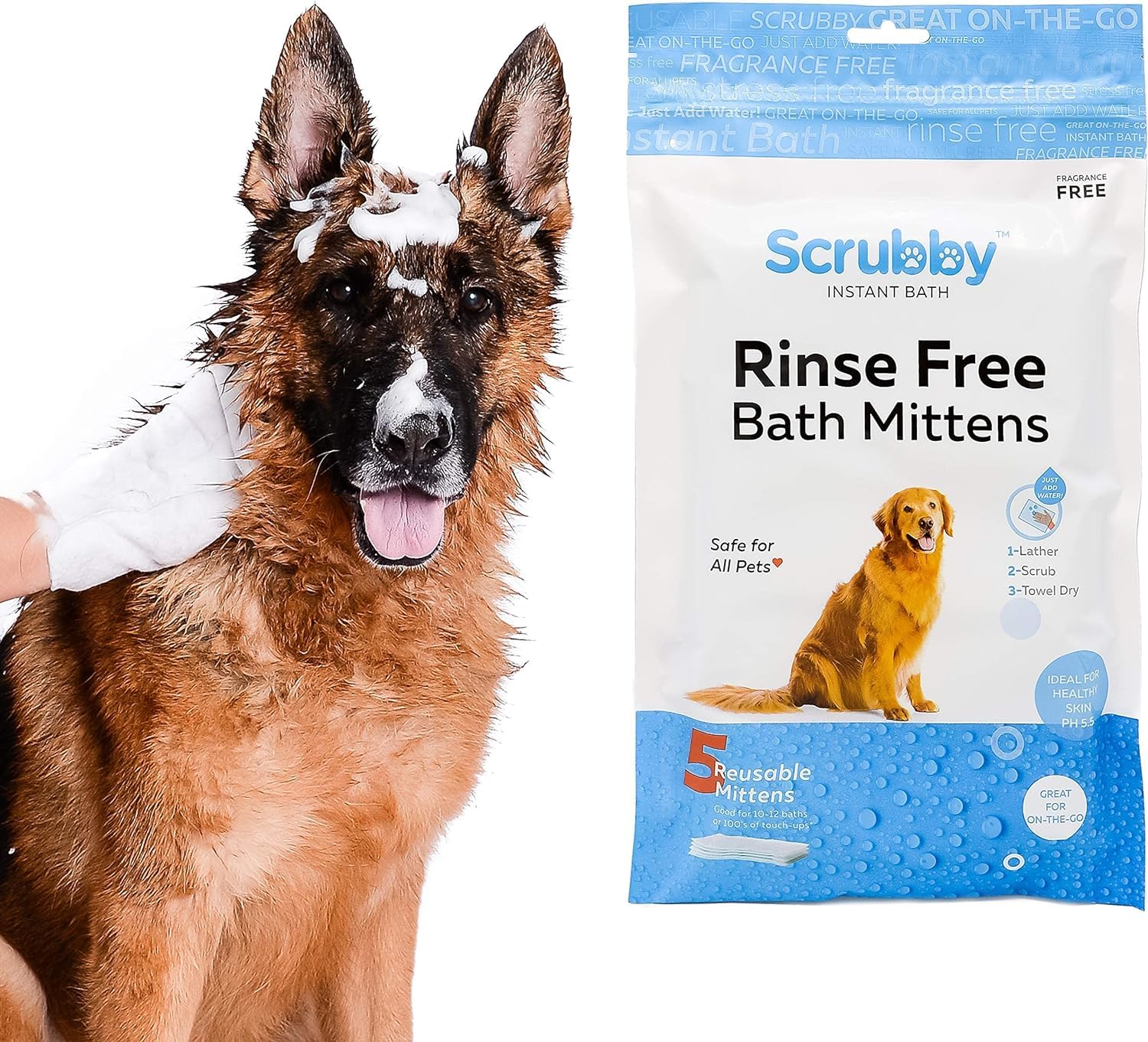 Scrubby Pet No Rinse Pet Wipes, Rinse Free Shampoo Mittens for Dogs and Cats, Bath Wipes for Bathing and Washing Pets, Hypoallergenic No Rinse Wash Mitt for Grooming, Lather Wipe Dry - 5 Pack